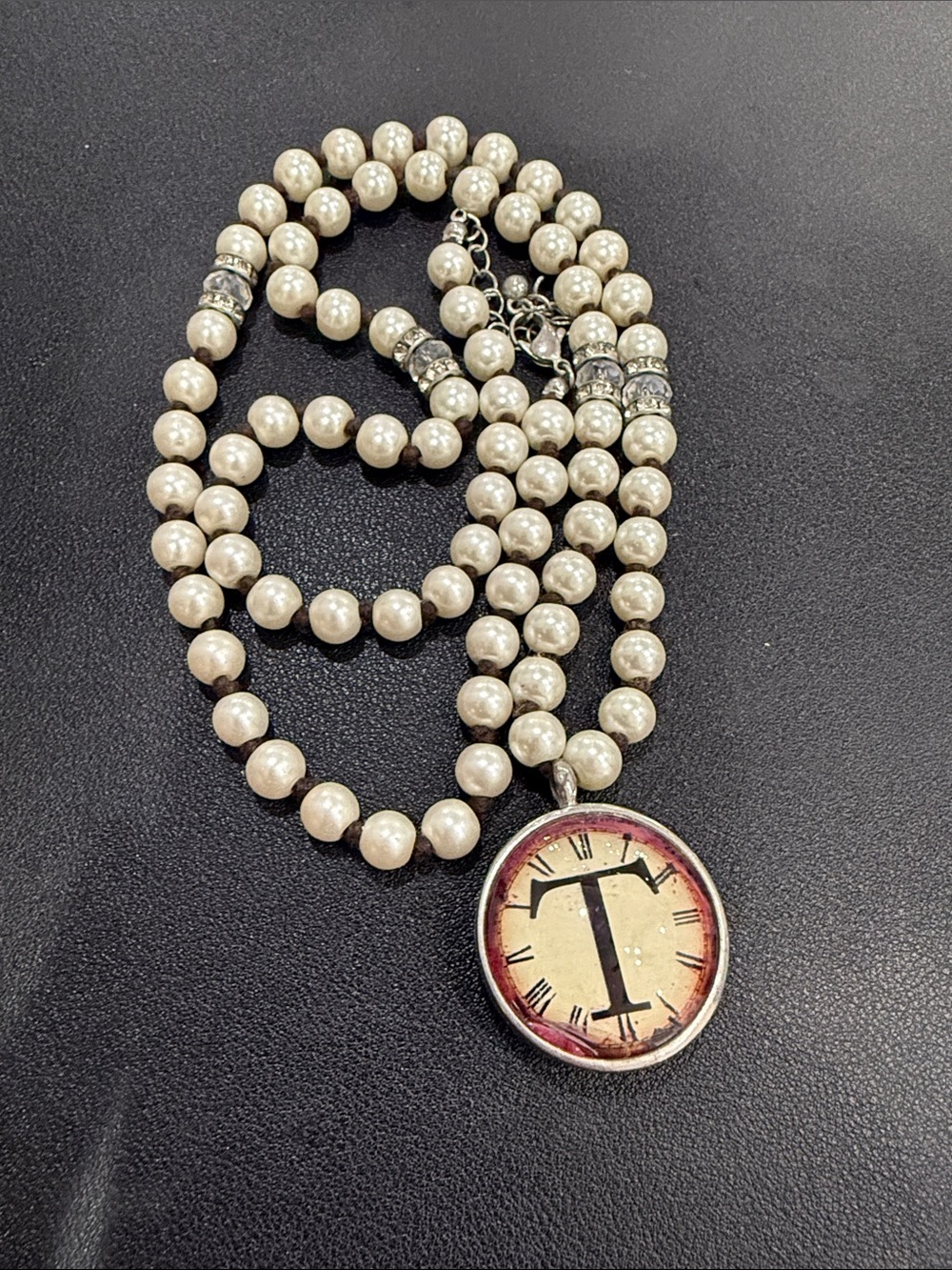 Vintage Style Pearl Beaded Initial 'T' Pendant Necklace - Ivory Pearls